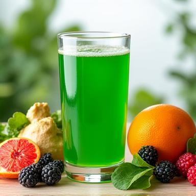 Athletic Greens AG1 powder in a glass with water, surrounded by fresh fruits and vegetables