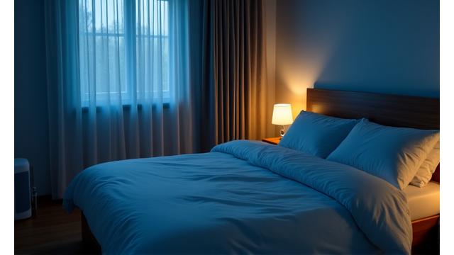 A tranquil, dimly lit bedroom with cool colors, crisp linens, and soundproofing elements, showcasing an ideal sleep environment.