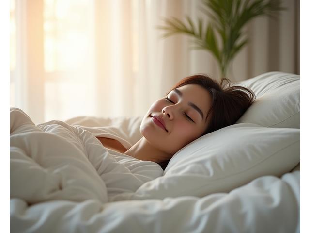 Serene older woman sleeping deeply in a comfortable bed, sunlight streaming through sheer curtains, representing optimized sleep quality post-35.