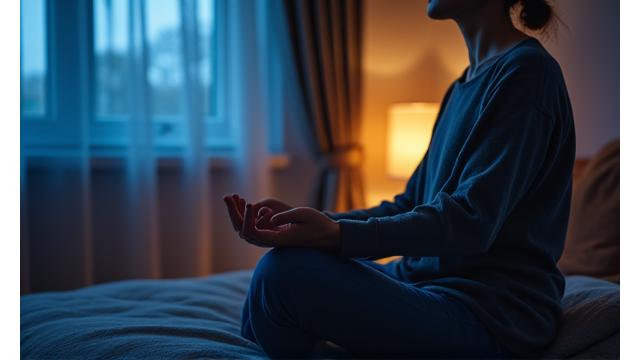 A person calmly meditating in a relaxed pose under soft, warm lighting, symbolizing effective stress reduction before sleep.