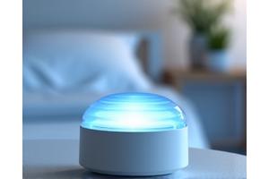 A sleek, modern white noise machine emitting gentle, soothing sound waves in a calm bedroom environment.